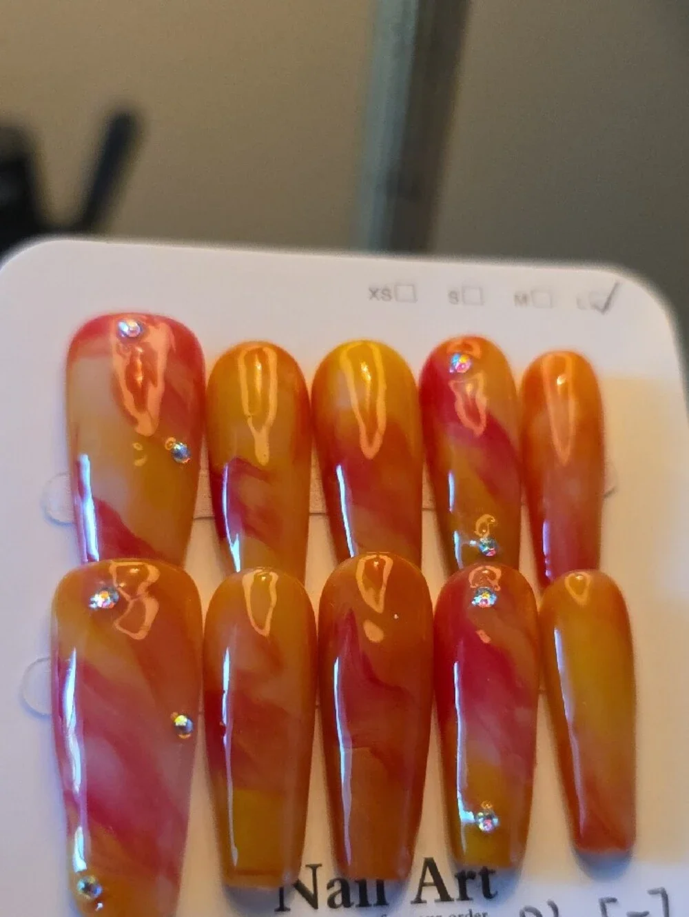 Orange Marble Press-On Nails with Rhinestones - Size Large